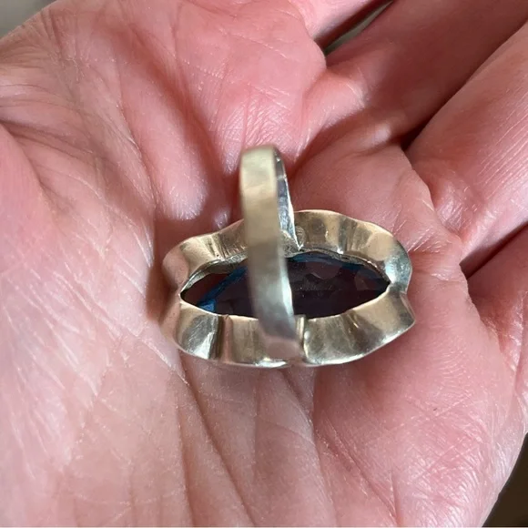 Antique art Deco Oversized Marquee Blue Topaz Brutalist Sterling Silver Ring - Picture 13 of 17